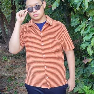 Vintage 90s GUESS Terry Striped Button Up Shirt, Orange & Brown size XL